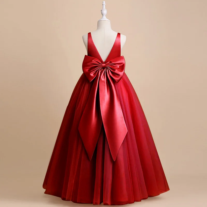 

New Children's Wedding Occasion Sleeveless Satin Cloth Mesh Kids Birthday Performance Pengpeng Long Dress Flower Girl Dress