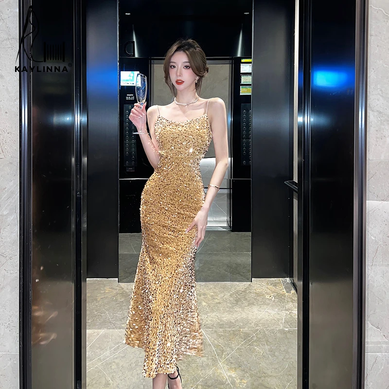 

Celebrity Style Dress Sparkling Velvet Sequins Sexy V-Neck Evening Dress Strap Dress Long Fishtail Dress Elegant Gown