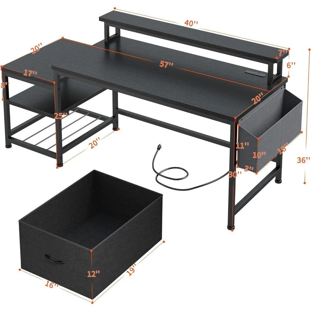 desk with power outlets, gaming desk with drawers and printer space, computer desk with file drawers cabinet 2