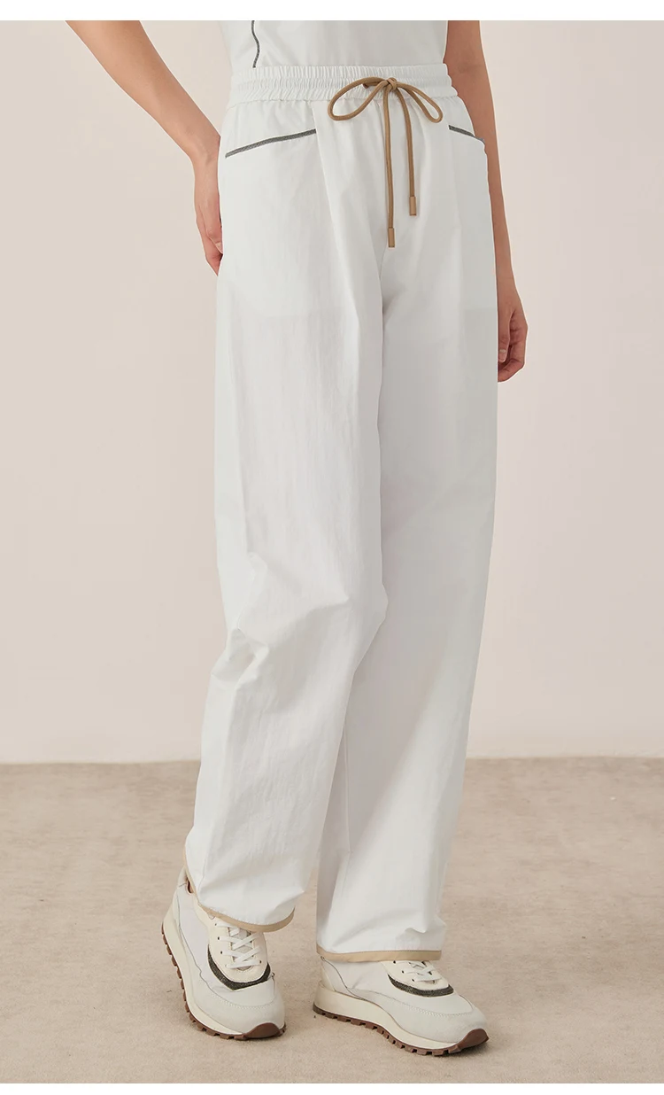 KX7523315 Damen-Hose aus Baumwollmischung mit weitem Bein und Kordelzug, elastischer Taille, Seitentaschen, Herbsthose – Detail 3