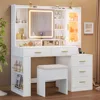 Makeup Vanity Desk with Sliding LED Lighted Mirror, 47.2"W Large Vanity Desk with Drawers, Shelves and Side Storage, 1