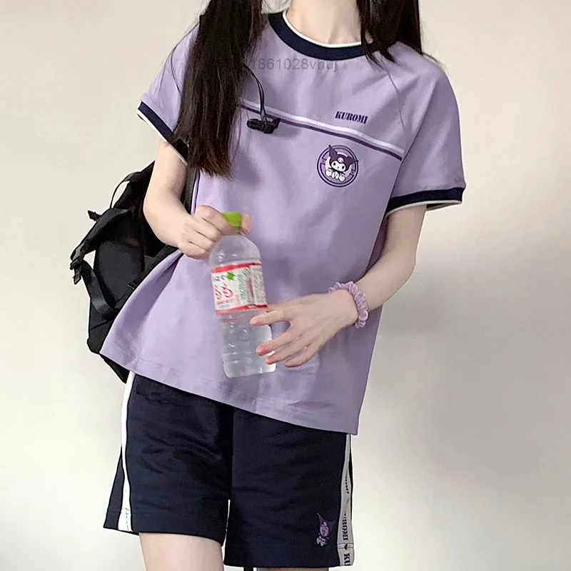 Sanrio Kuromi Print Clothes Short Sets Summer Gymnastic Short Sleeved T-shirt Loose Y2k Outfit Japanese Soft Girl JK Uniform haikyuu team itachiyama 3d printed active wear set combo outfit yoga fitness soft shorts women for girl short sets