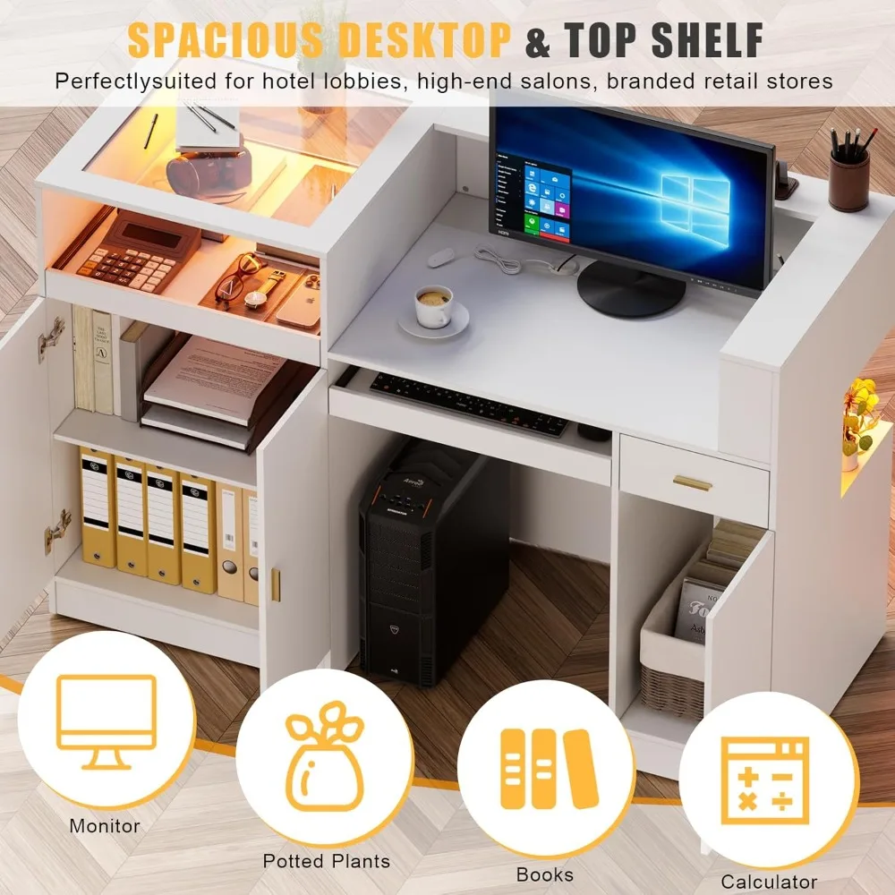 59" Modern Reception Desk with LED Light & Glass Display, Retail Counter for Lobby Salon Office