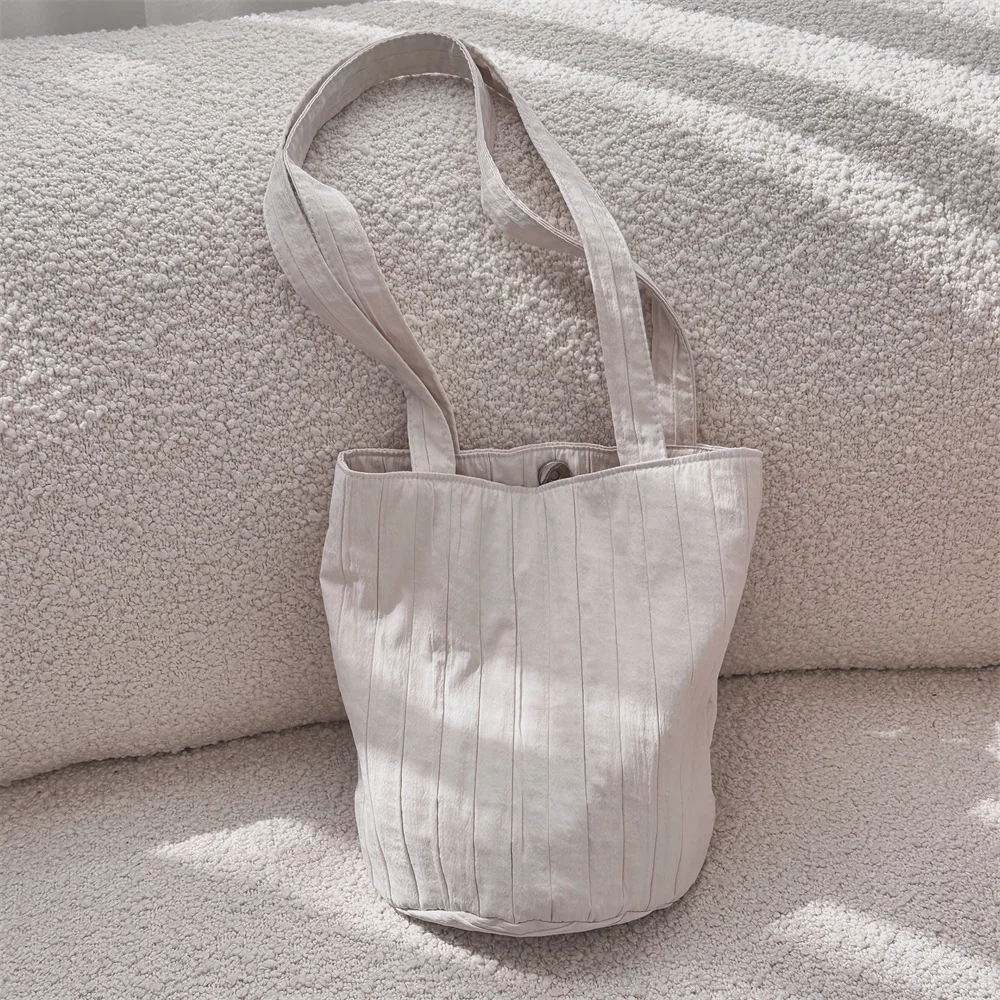 Portable Faionable Women's Buet Bag Striped Foldable Single Oulder Handbag Op Bag Soft Polyester Casual Trend Ladies Hand Bags