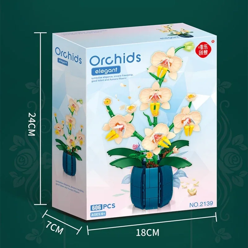 Moth Orchid Potted Building Blocks Bouquet Home Desktop Decoration Flower Puzzle Toy for Childrens Creative Holiday Gift