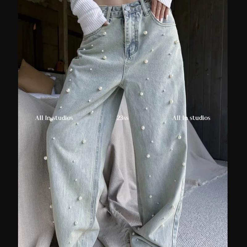 

Beaded Jeans for Women 2023 Spring Autumn New Fashion Retro Washed High Waisted Jeans Wide Leg Mopping Pants