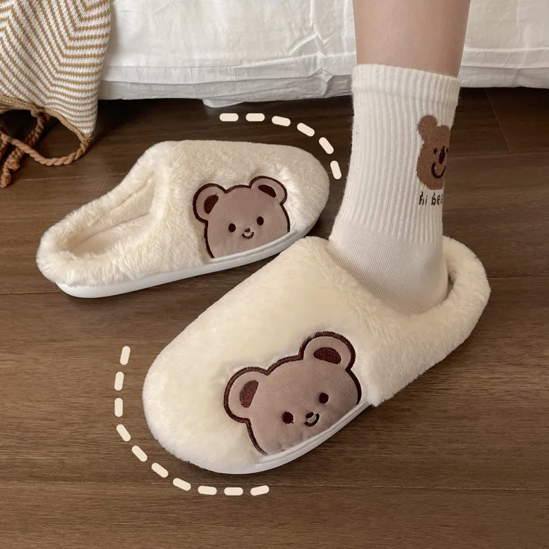 Crestar Fashion Fluffy Winter Warm Slippers For Women Men Cute Cartoon Bear Pattern Winter Indoors Lovers Slippers Home Shoes