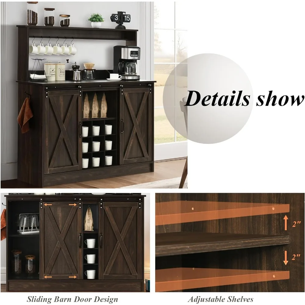 Farmhouse Coffee Bar Cabinet with 6 Hooks, 47&rdquo; Liquor Wine Bar Cabinet with 9 Wine Racks, Kitchen Buffet Storage