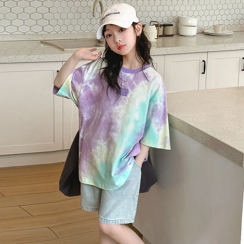 

Футболка с коротким рукавом для девочек, детский топ окрашенный в завязку, Новинка лета 2024, Свободный Топ с круглым вырезом для крупной девочки