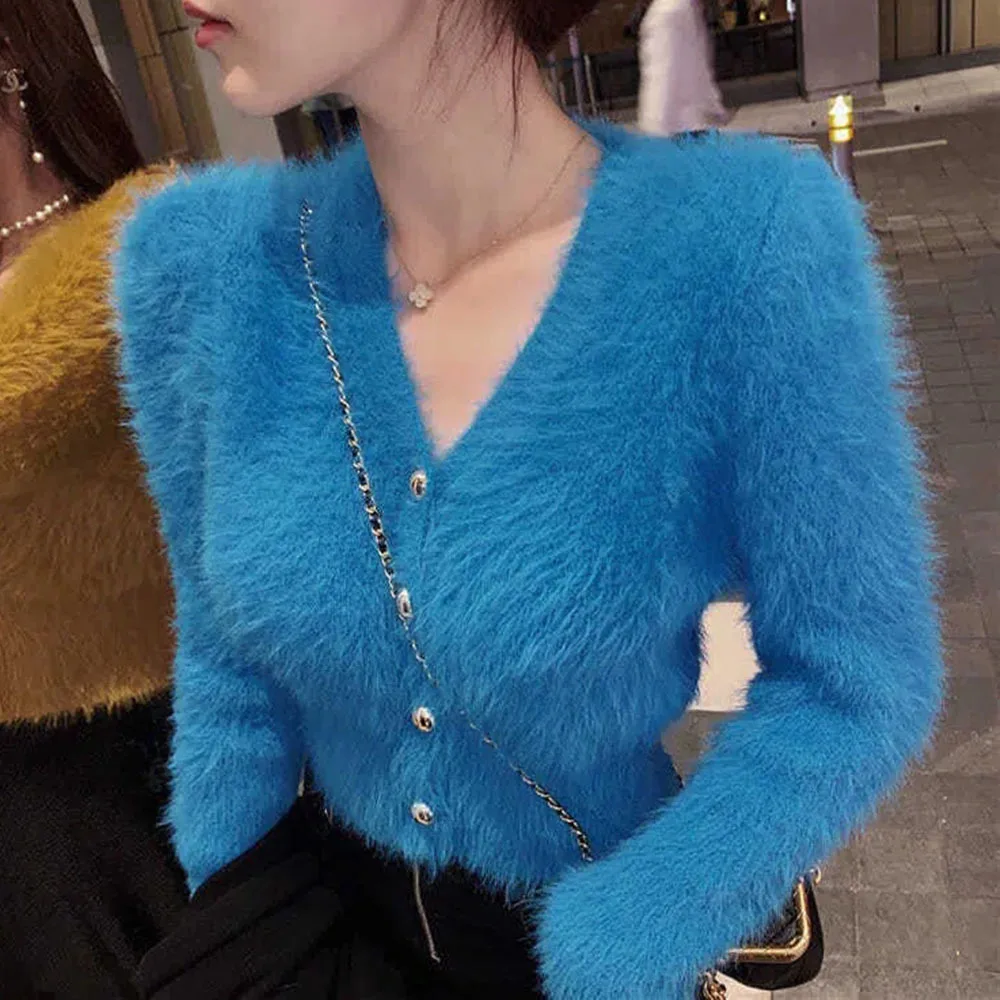모헤어 니트 가디건 V넥 크롭 화이트 스웨터, 레트로 캐주얼 레이지 오버사이즈 스웨터, 여성용 단색 모피 의류 재킷