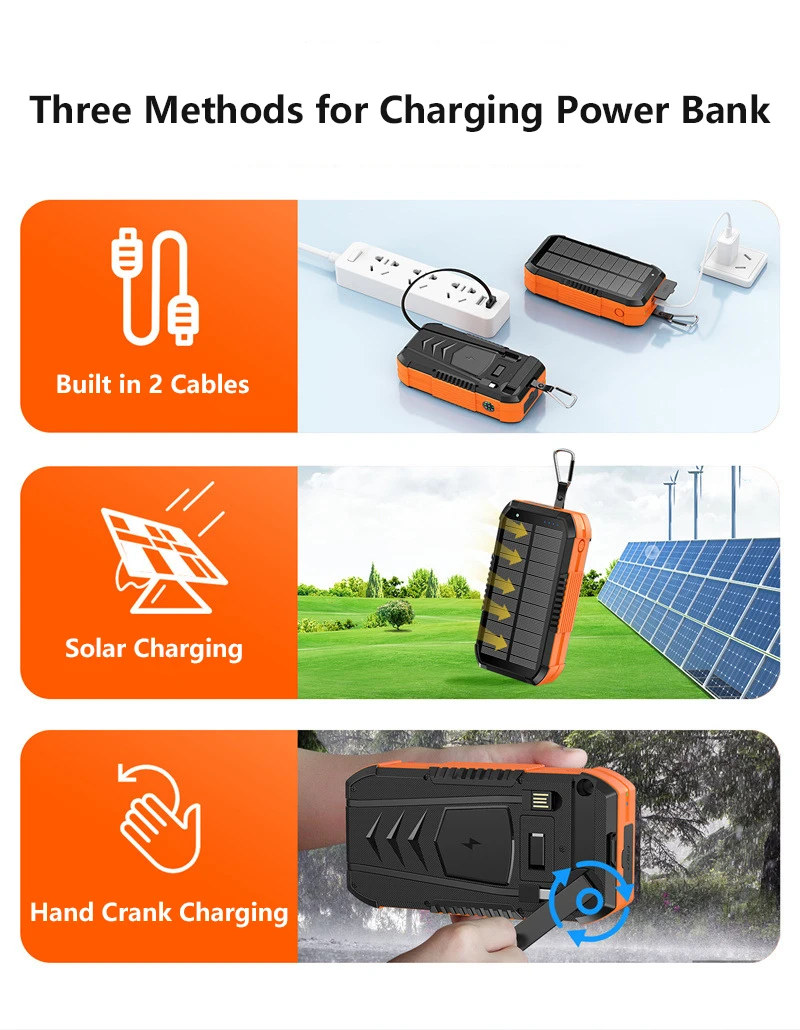 Hand Crank Solar Power Bank 40000mAh With Cable Wireless 22.5W Fast Charger Powerbank For IPhone Samsung Xiaomi External Battery_voghion.com