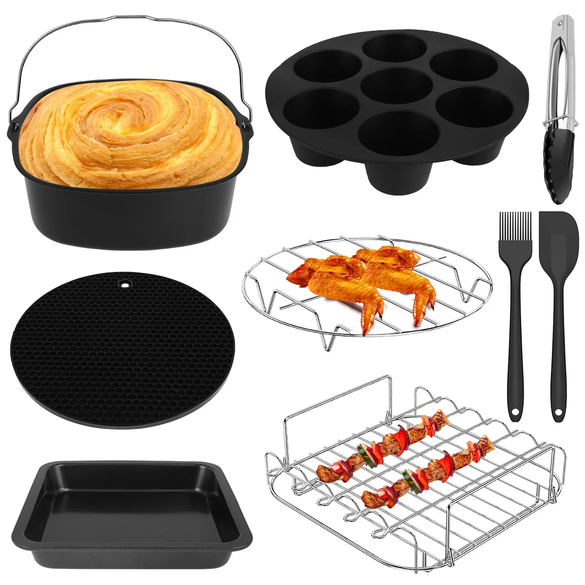 

9Pcs Air Fryer Accessories Set with Stainless Steel Skewer Rack Reusable Silicone Pad 8 Inch Non-Stick Cake Barrel Pizza Pan Egg