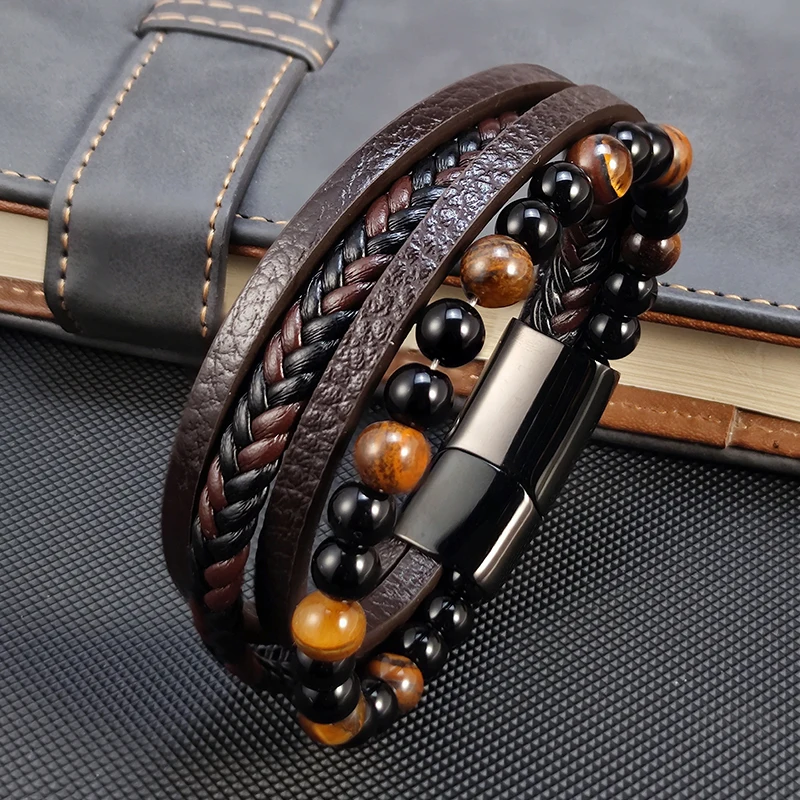 2025, neue Perlen, Tigerauge-Stein-Armband für Männer, vier Schichten, Lederarmband mit Edelstahl-Magnet, männlicher Schmuck, Geschenk