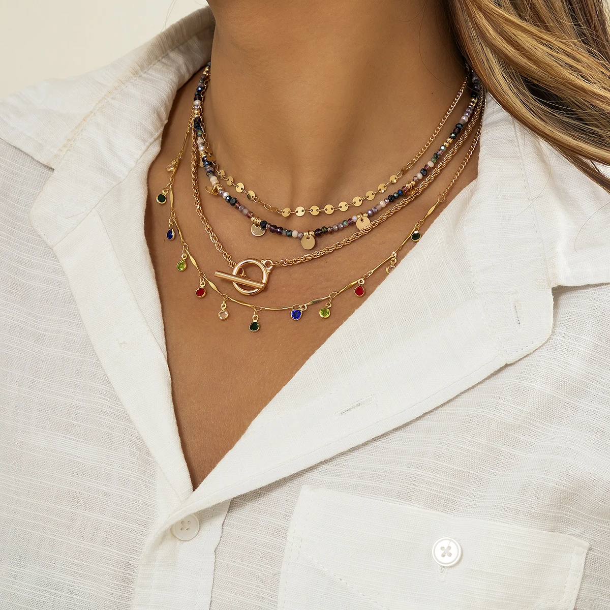 4Pcs/Set Boho Colorful Crystal Sequin Tassel Pendant Choker Necklace for Women Trendy Summer Vintage OT Buckle Chain Y2K Jewelry