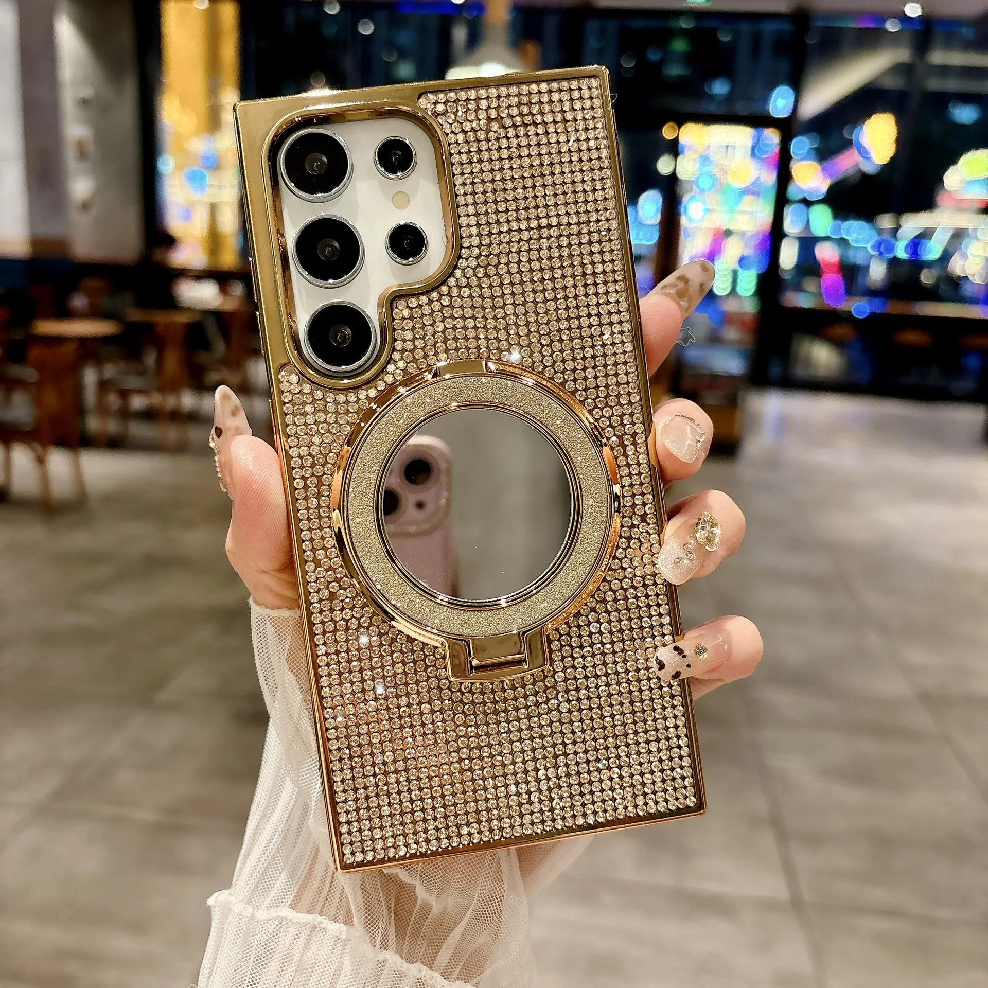 Luxury Diamond Mirror Phone Case with Magnetic Glitter Ring Stand