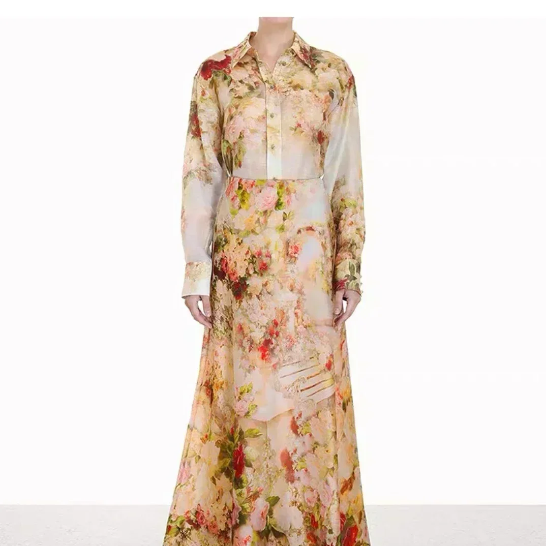 

Silk Linen 2023 New Summer High Quality Vintage Rose Floral Print Full Sleeve Blouse and Long Skirt Woman Luxury Set