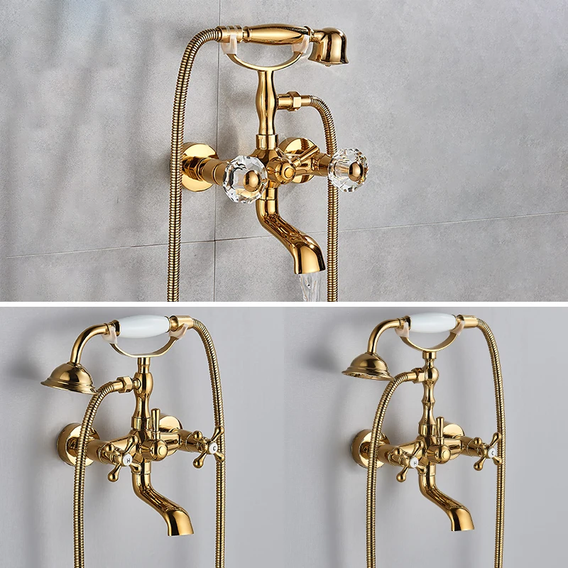 Telephone Style Golden Waterfall Bathtub Faucet Bathroom Brass Bath Faucets Waterfall Rotatb Spout Hot&Cold water Shower tap set 2