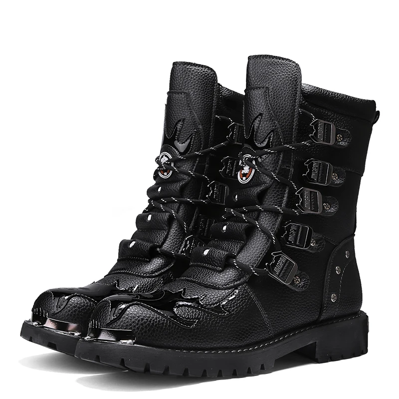Black Leather Men's Platform Ankle Boots Square Toe Lace Up Shoes_voghion.com