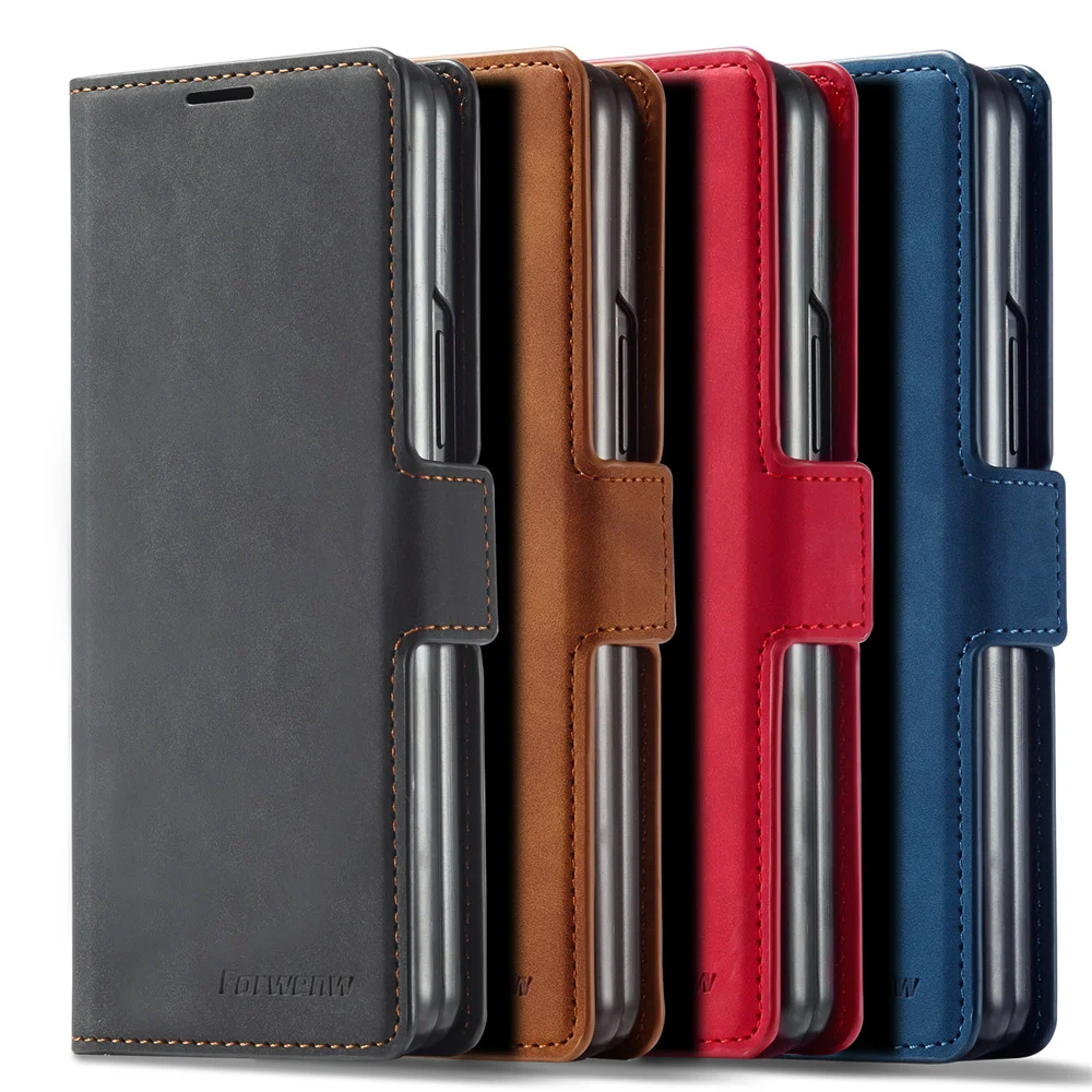 Luxury Calfskin Magnetic Flip Leather Case for Galaxy Z Fold 3/Z Fold 4 Full Protection Folding Wallet Case Phone Book