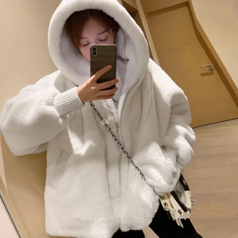 2023 Winter New Women Faux Fur Coat Solid Color Oversized Hooded Raglan Sleeve Zipper Korean Fashion Casual Outwear for Female winter warm hooded large size long solid color faux fur coat new casual long sleeve women fur jacket outwear oversized