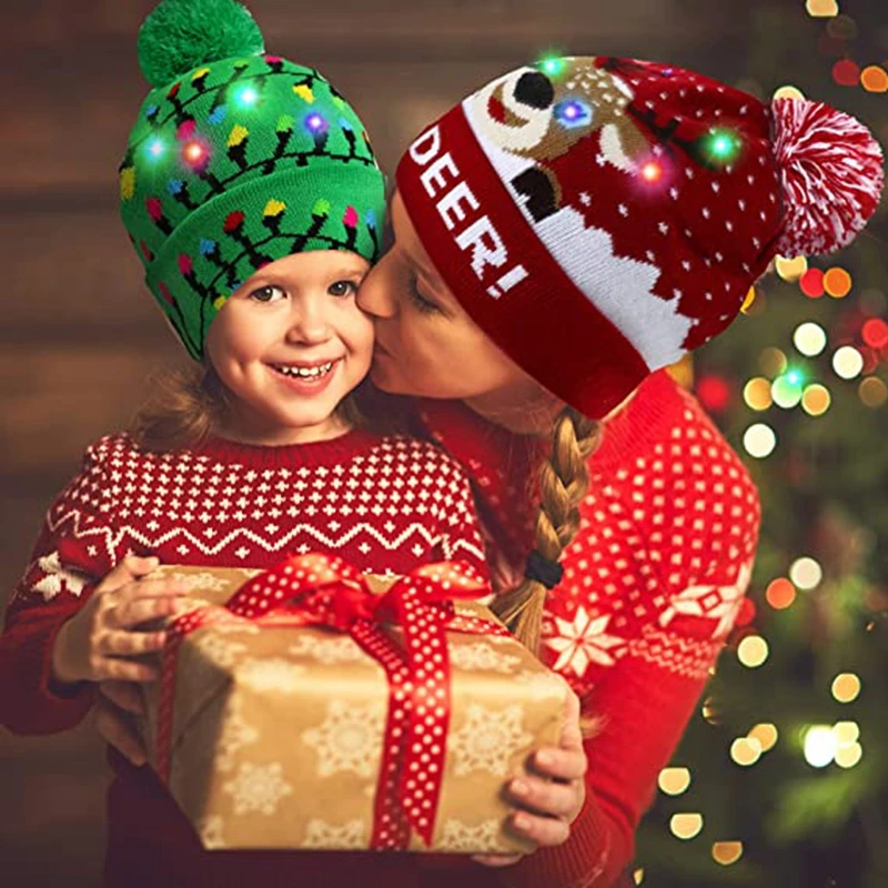 Christmas Beanie Hat Christmas Hats Sweater Santa Elk Knitted Beanie Hat With LED Light Up Cartoon Patteren For Kids New Year Supplies