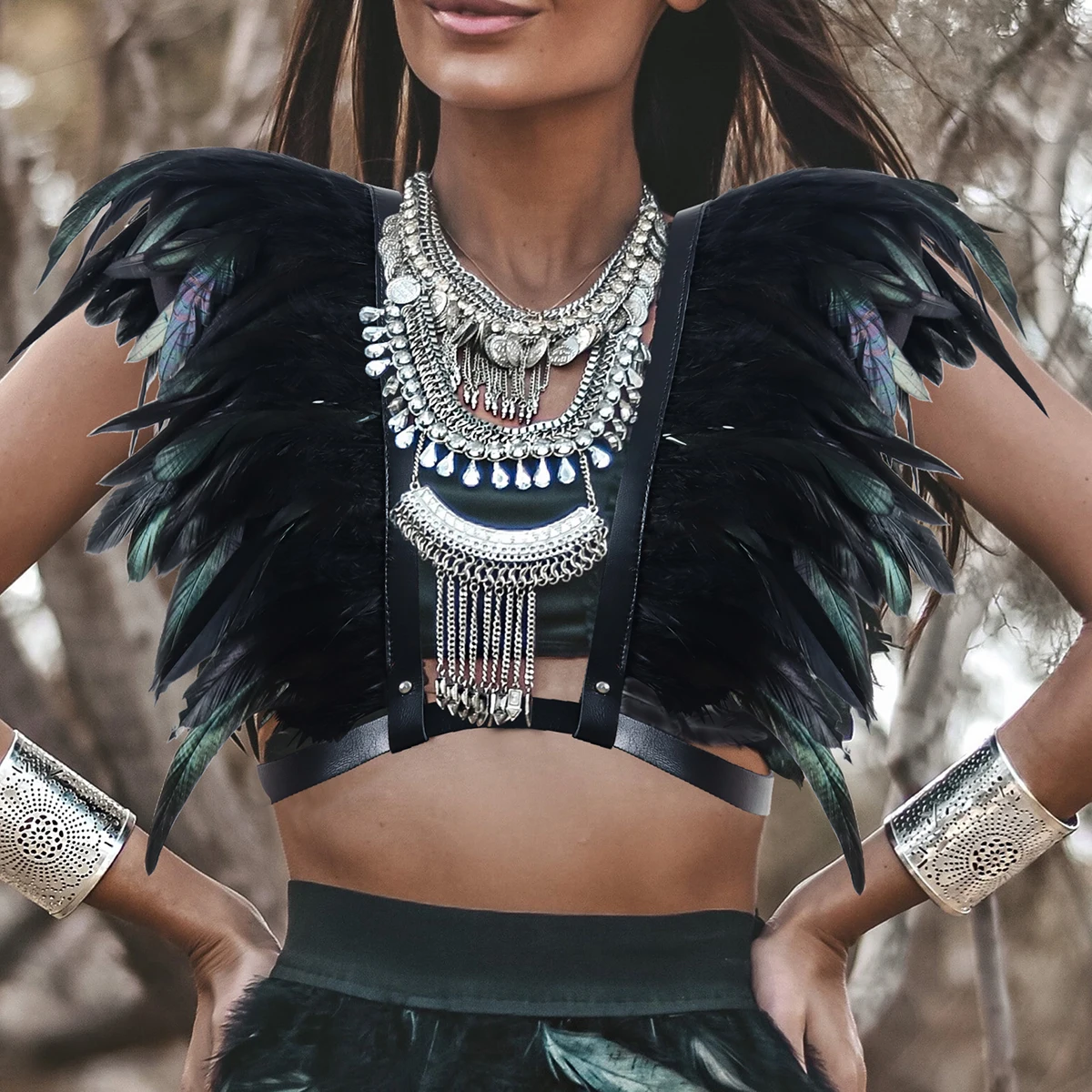1pc Gothic schwarz wunderschöne Feder Schal Hahn Feder Schal Faux Feder kragen Feder Zubehör Boho Bühne Leistung