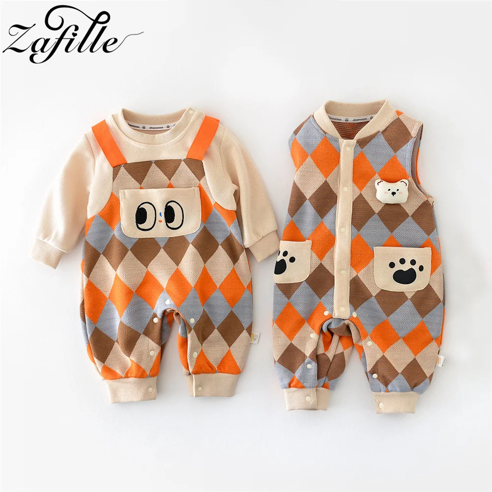 

ZAFILLE Patchwork Plaid Baby Rompers Knit Overalls For Children's Clothing Korean Style Boys Costume Winter Kids Newborn Outfits