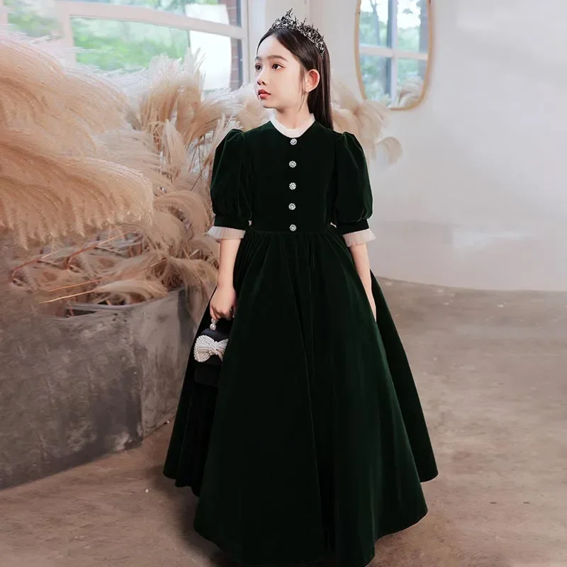 Black Elegant Half Sleeves Floor-Length High Neck Vintage Ball Gown Kids Party Communion Dresses Girl Dresses For Weddings A2074