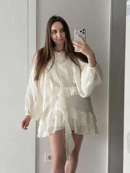 FSMG Mini abito elegante con maniche a lanterna e bordo volant, casual, con scollo a O, pieghettato, monopetto, gonna corta ampia, abito da banchetto per le vacanze