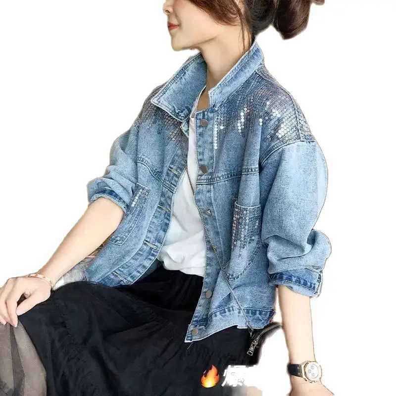 Sequins Heavy Industry Denim Coat Women Short Jeans Jacket 2022 Spring