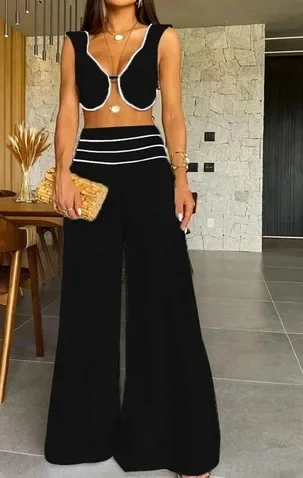 2024 New Two-piece Women's Summer Fashion Commuter Striped Casual Sleeveless Cutout Crop Top High Waist Wide Leg Trouser Set