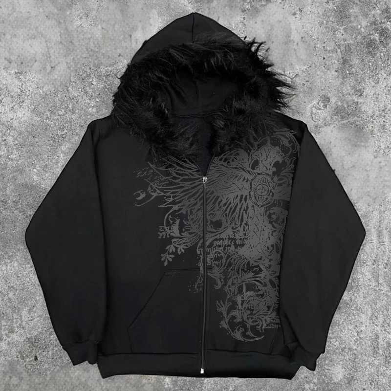 Y2K Gothic Zip Hoodie Fur Hood Grunge Streetwear Unisex Graphic Jacket S-XL