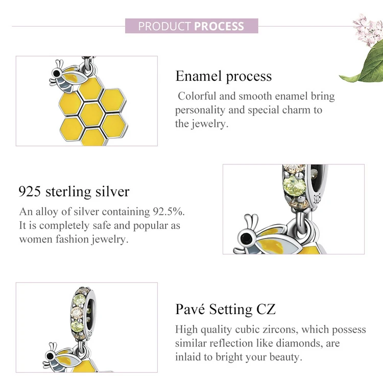 Honeycomb & Bee Dangle Charm for Pandora Bracelet | S925 Sterling Silver | Go Glam Girl 10 Honeycomb & Bee Dangle Charm for Pandora Bracelet | S925 Sterling Silver | Go Glam Girl - Show your style with the Honeycomb & Bee Dangle Charm. Hand-finished in sterling silver, this design includes a honeycomb with a padlock of small and cute bee dangling on it. The dangle is decorated with sparkling yellow and light green cubic zirconia stones. Wear in spring and summer to bring mood and beauty to your day. Perfect gift for mom, sister, grandmother, friend or yourself. | 🚚 Free Standard Shipping 7-30 days | 🥇 Top Quality Product | 💎 100% S925 Sterling Silver | 🛡️ 100% Safe & Secure checkout