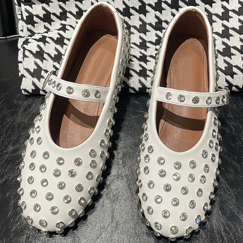 spring-fashion-sheepskin-ballet-flats-women's-round-toe-diamond-rivet-buckle-strap-increased-internal-low-heeled-shoes