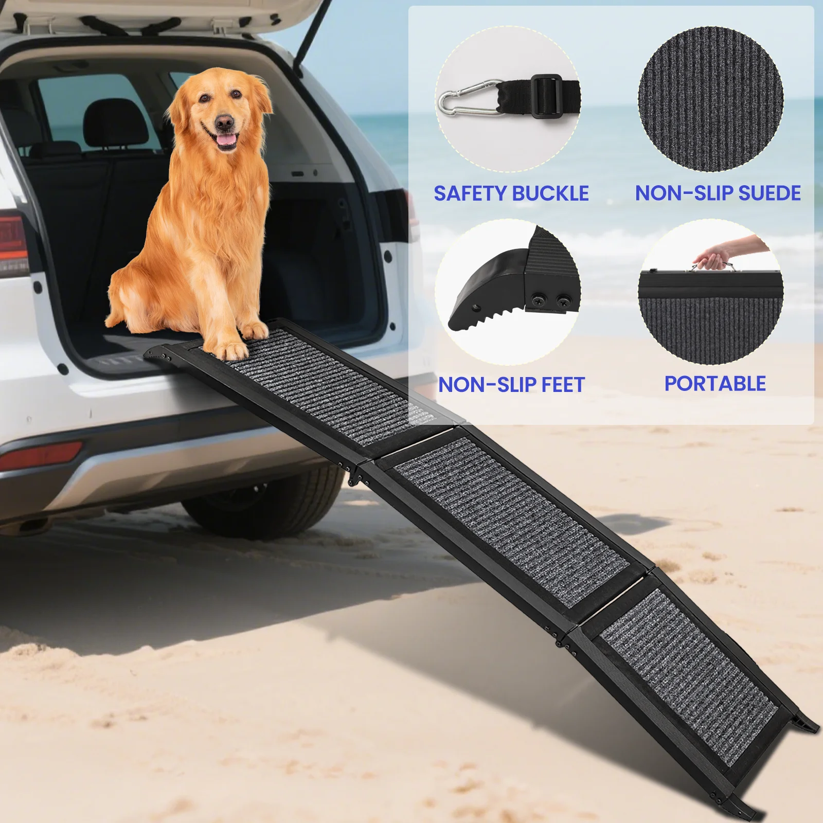 Folding Dog Ramp For Car, Pet Ramps For Large Dogs With Non-Slip Rug Surface Portable Dog Car Ramp SUV Car & Truck, Outdoor
