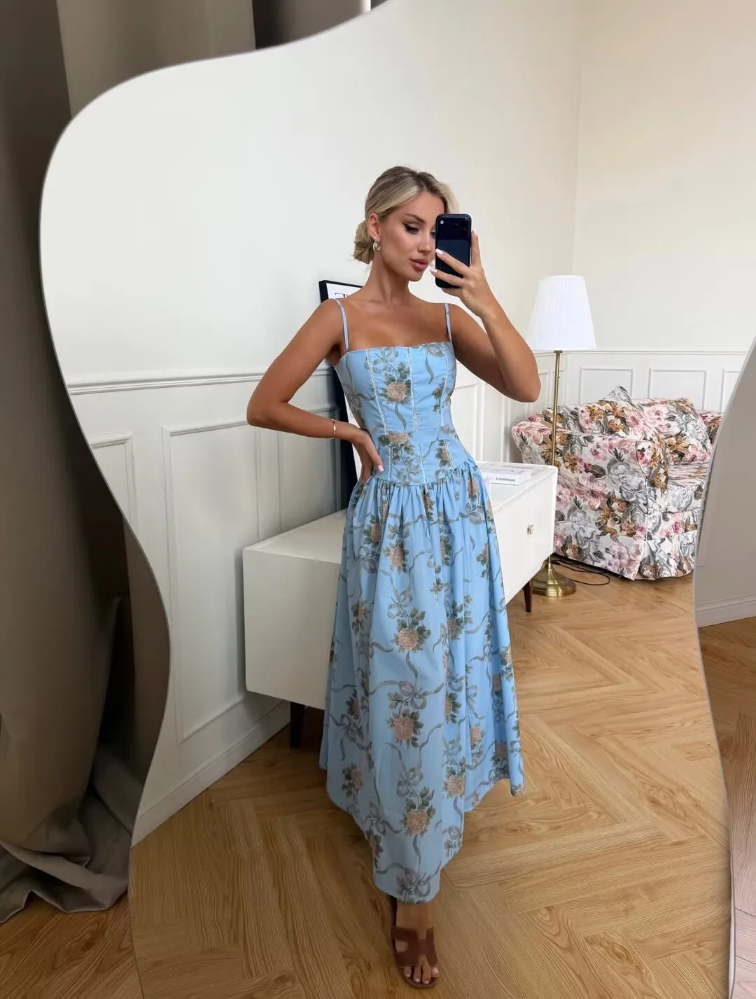 YENKYE Lace Trim Floral Print Sexy Sling Dress Women Elegant A-line Midi Summer Vacation Party Dresses New 2026 Clothes