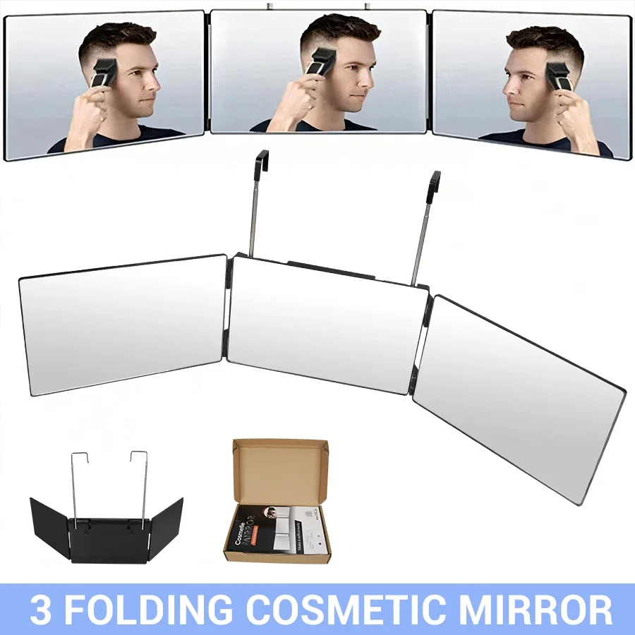 3 Folding Mirror 360 Full Body Professional Mirror for Men's Haircuts Shaving Women's Makeup with Retractable Hooks