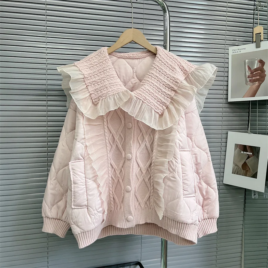 

sweet doll collar pink coat female ruffles patchwork casual loose Cardigans s knit stitching autumn and winter tops