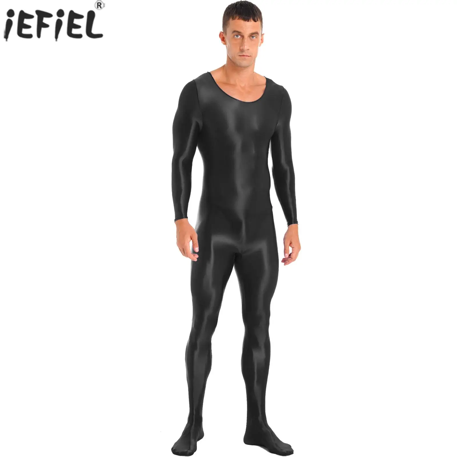 

Men Smooth Long Sleeve Bodystocking Seamless Sleepwear Solid Color Round Neck Full Bodysuit for Gymnastics Exercise Fitness Yoga