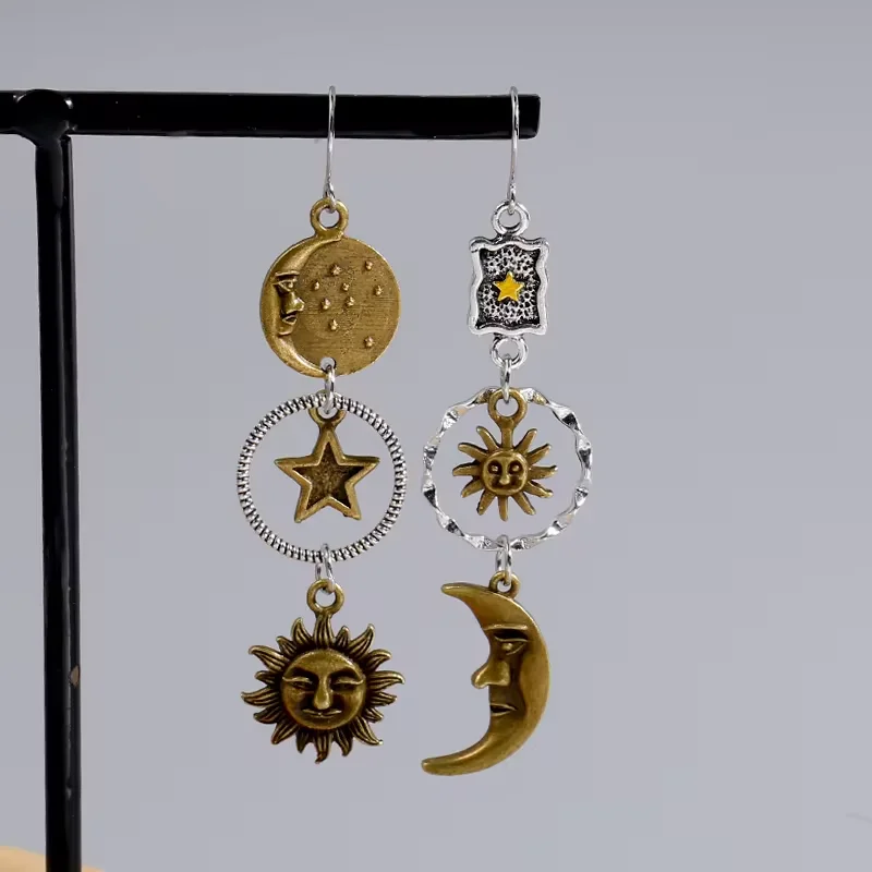 Greek Mythology Pendant Earrings Face Sun Moon Creative Design Women Asymmetric Personality Party Jewelry Gifts