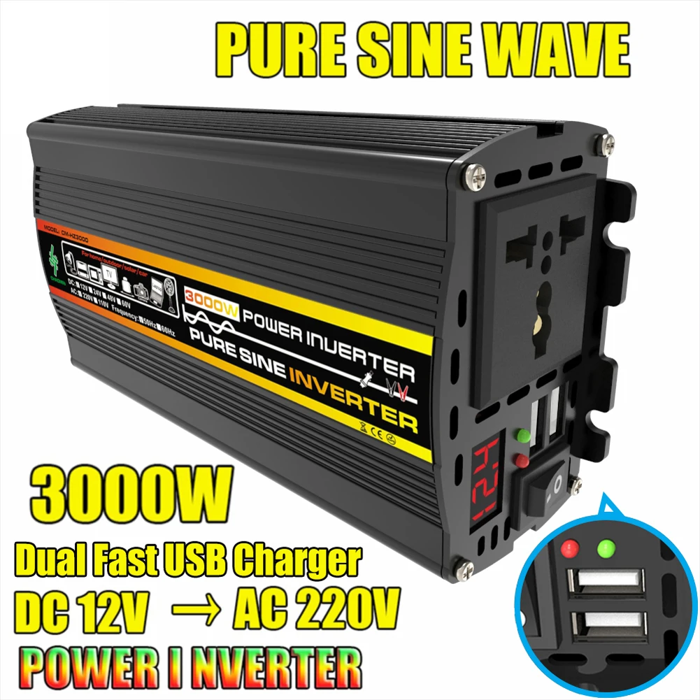 3000/4000/6000/8000W Car Inverter Pure Sine Wave Vehicle Smart Inverter DC 12V To AC 220V Voltage Converter Pure Sinus Transform