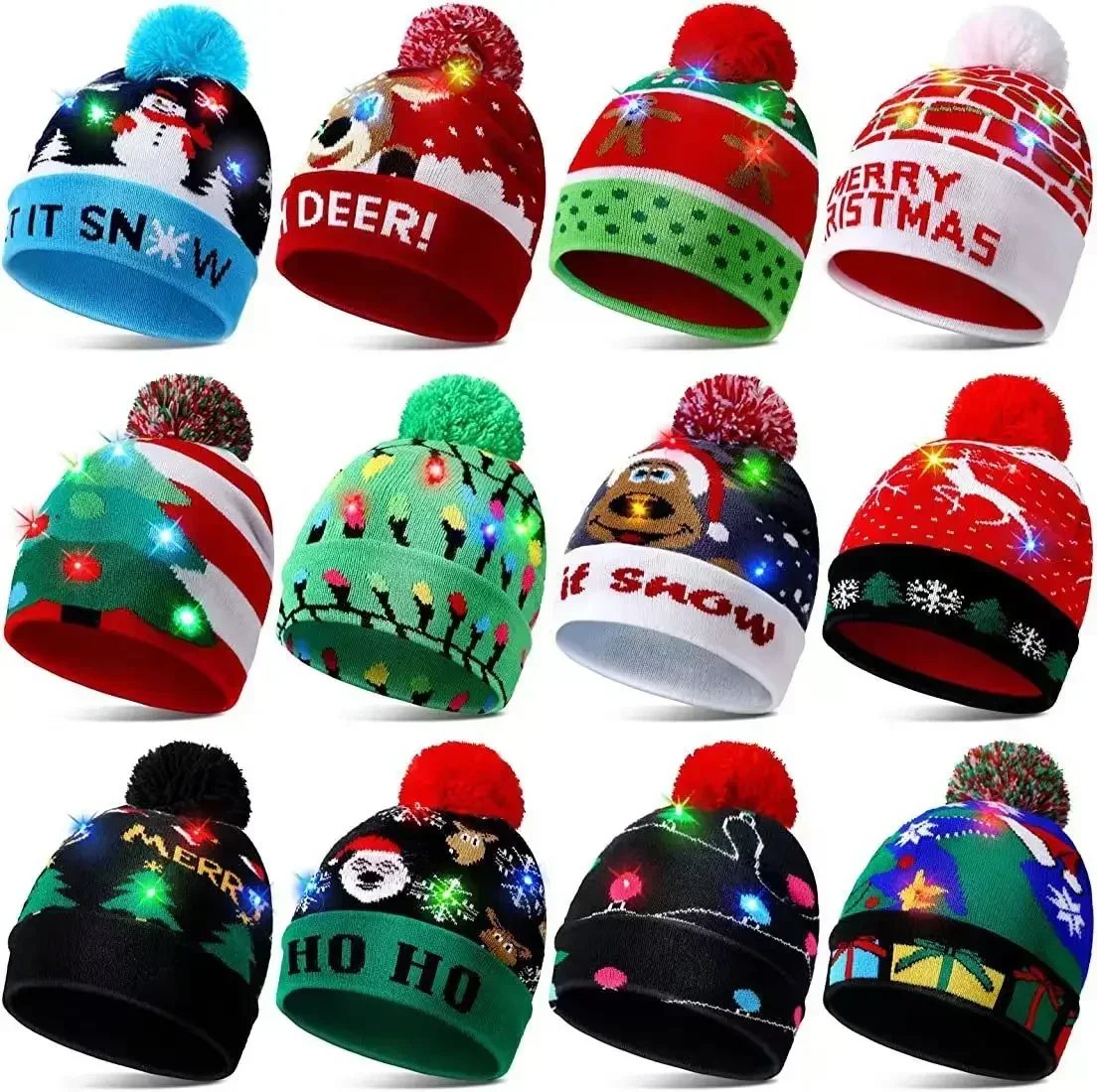 Christmas Hats Sweater Santa Elk Knitted Beanie Hat With LED Light Up Cartoon Patteren Christmas Gift For Kids New Year Supplies