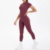 Short Sleeved Fitness Jumpsuit for Woman Bodysuits Backless Solid Color Scrunch One-Piece Suit Half Zipper Gym Yoga Sets Womens