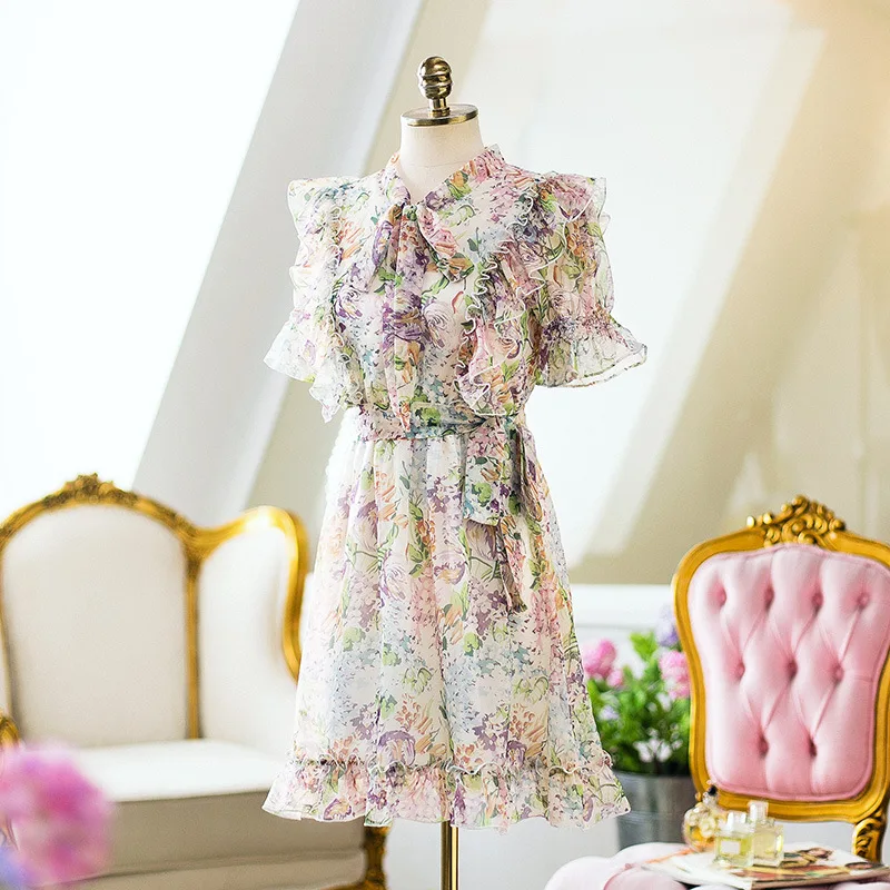 

Fairy Sweet Summer Chiffon Floral Dress Short Sleeve Butterfly High Waist Ruffles Lace Collar Folded Dresses Korean Fashion 2022