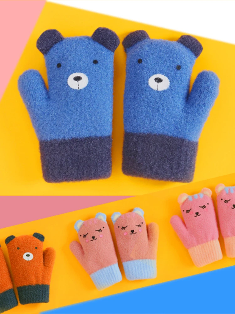 Winter Baby Gloves Plus Velvet Thickened Brushed Child Kids Baby Girls Boys Outdoor Riding Gloves Cartoon Cats 3-5Years