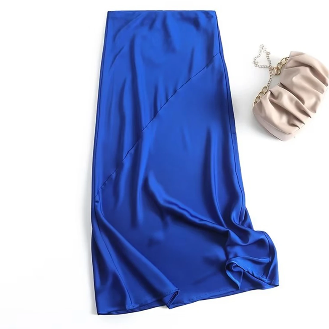 

Maxdutti Fashion Skirts ELegant Satin Blue Midi Skirts Women