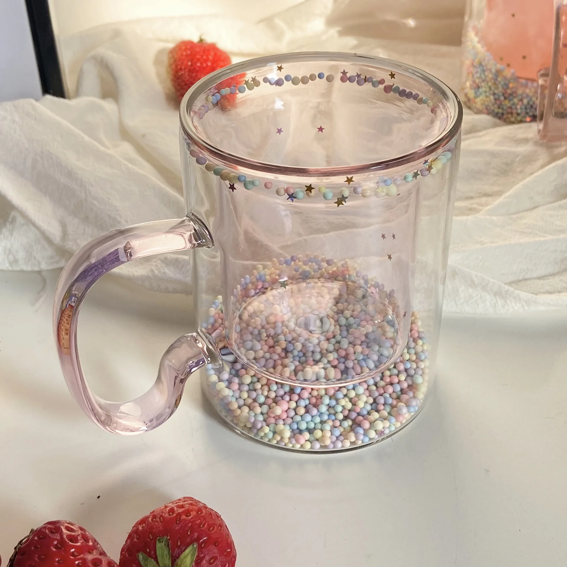 Girly Heart Bubble Mug Double Glass Cup Star Sequin Double Coffee Milk Cup Resistant Tropical Handle Gift Small Gift