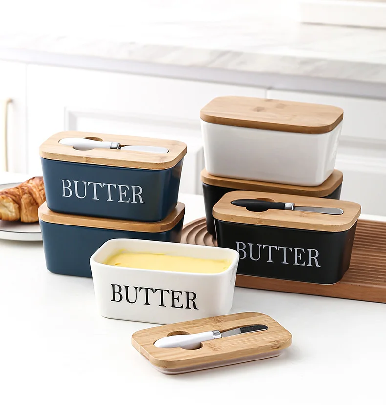 バター皿 カッターバターストレージを持つ蓋セラミックバターボックス