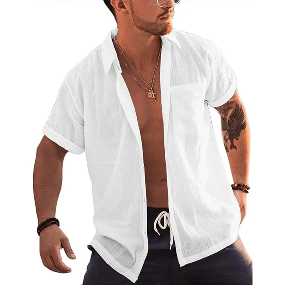 Mens Short Sleeve T-Shirts Button Up Shirts Linen Cotton Beach Tops Turn Down Collar Summer T Shirt with Pocket 2