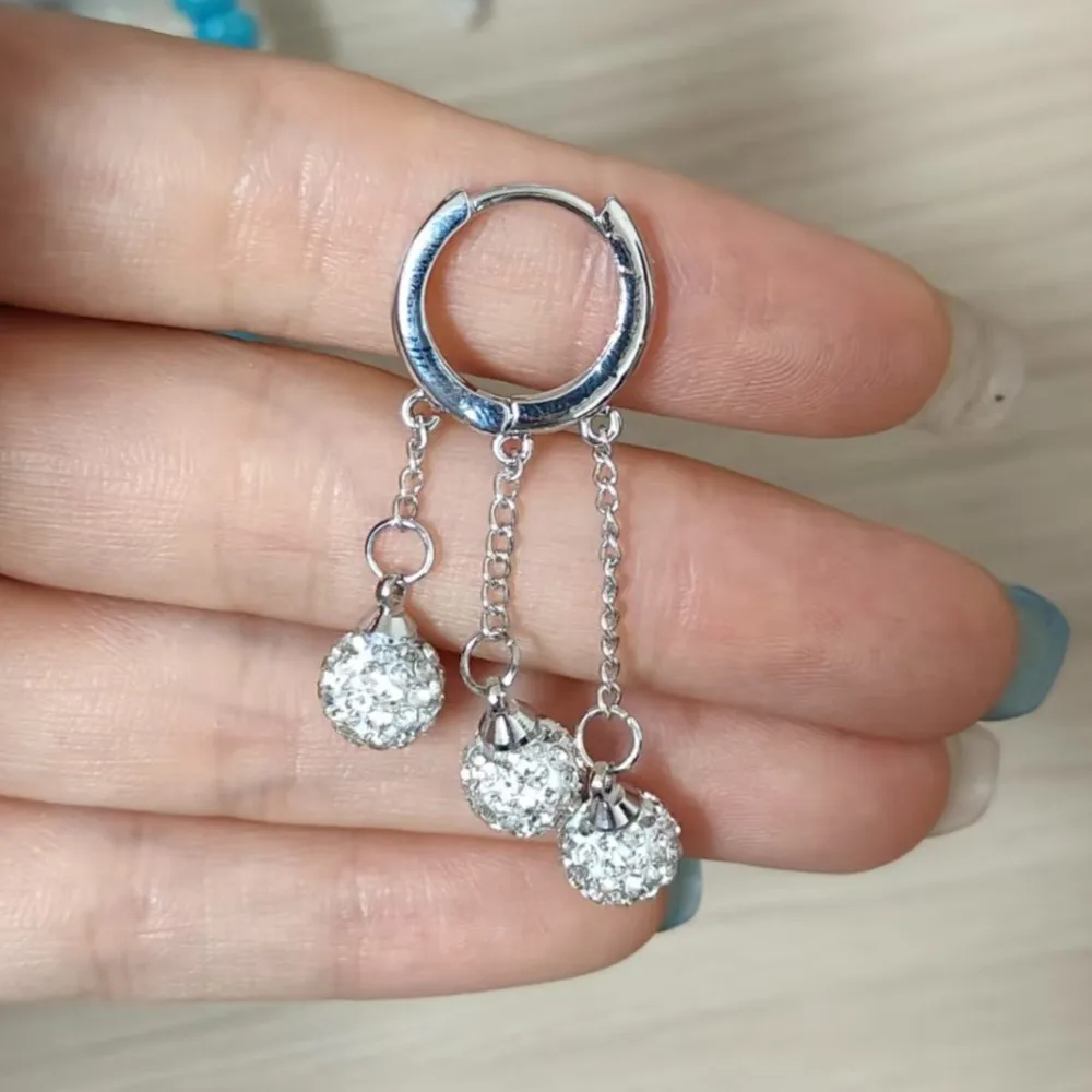 Silver Color 3 Shambhala Ball Design Tassel Lines Dangle Earring for Women Luxury Blingbling Hoop Earrings Holiday Wedding Gifts